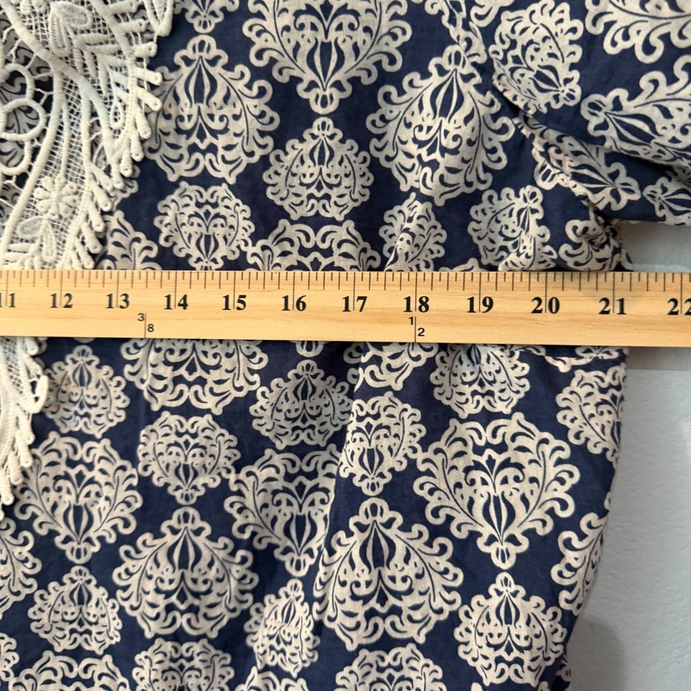Talbots Plus 1X Navy Blue Damask Cotton Tunic Coastal Boho Crochet Lace Trim Top - Picture 7 of 12
